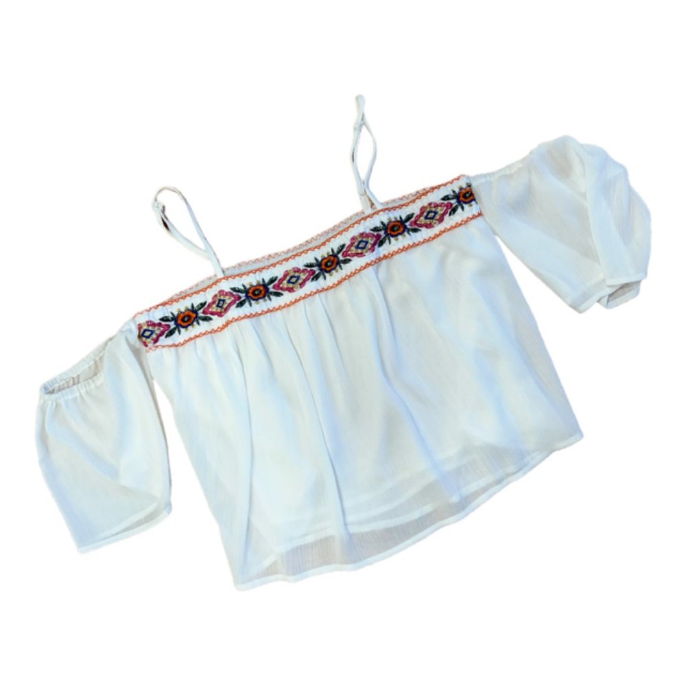 Paper Crane Flutter Sleeve Embroidered Peasant Boho Festival Top Sz M